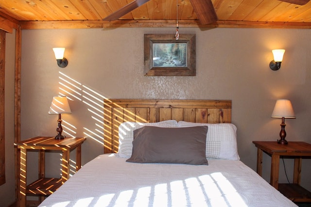 bedroom with beamed ceiling and wood ceiling