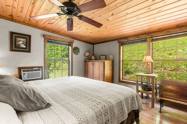 3660 Downings Creek Rd, Hayesville, NC 28904 - bedroom with a wall mounted AC, hardwood / wood-style floors, and wood ceiling