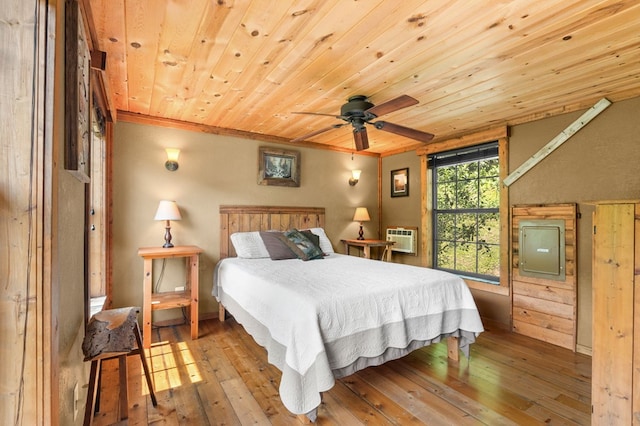 3660 Downings Creek Rd, Hayesville, NC 28904 - bedroom featuring hardwood / wood-style flooring, wooden ceiling, electric panel, and an AC wall unit