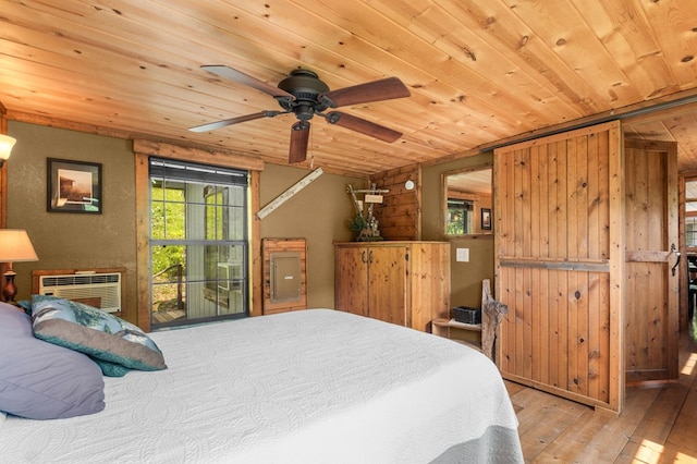 3660 Downings Creek Rd, Hayesville, NC 28904 - bedroom featuring wooden ceiling, wood-type flooring, a wall mounted AC, and electric panel