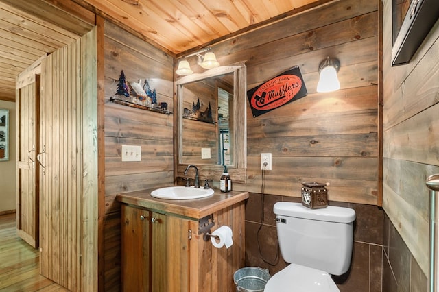 3660 Downings Creek Rd, Hayesville, NC 28904 - half bathroom with wood walls, vanity, toilet, and wooden ceiling