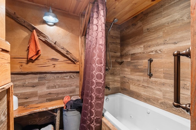 3660 Downings Creek Rd, Hayesville, NC 28904 - full bath with a combined bath / shower with jetted tub, wood walls, and wooden ceiling