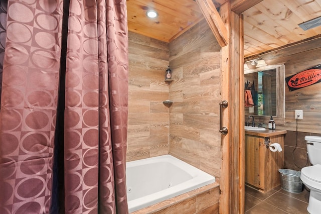 3660 Downings Creek Rd, Hayesville, NC 28904 - full bathroom featuring toilet, wooden walls, tile patterned floors, vanity, and wooden ceiling