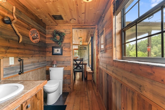3660 Downings Creek Rd, Hayesville, NC 28904 - bathroom featuring wood ceiling, wood walls, toilet, vanity, and wood-type flooring