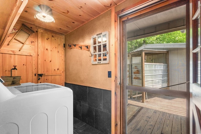 3660 Downings Creek Rd, Hayesville, NC 28904 - laundry room with washer / dryer, wood ceiling, and wooden walls