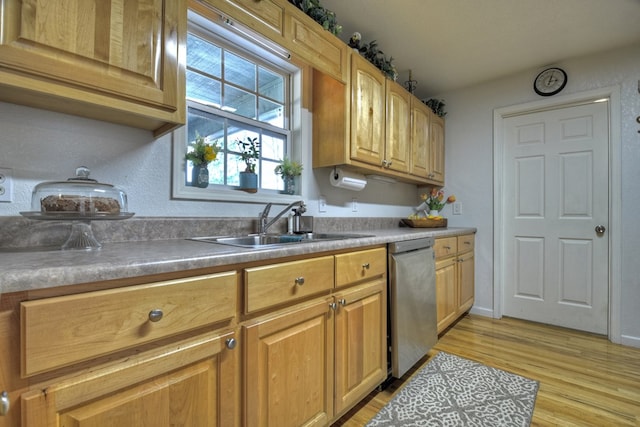 kitchen featuring dishwasher, sink, and light hardwood / wood-style flooring