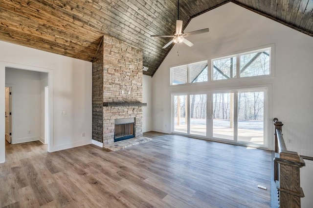 unfurnished living room featuring high vaulted ceiling, wood ceiling, wood finished floors, and a ceiling fan