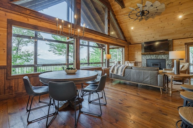 dining room featuring wood walls, high vaulted ceiling, dark hardwood / wood-style floors, ceiling fan, and beam ceiling