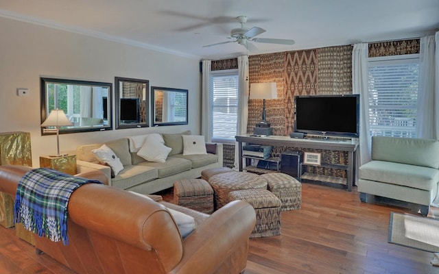 living room featuring ceiling fan, crown molding, and hardwood / wood-style flooring