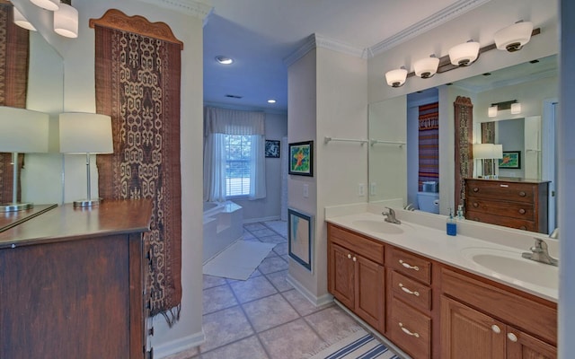 bathroom with vanity and ornamental molding