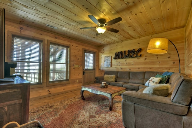783 Moreland Dr N, Cherry Log, GA 30522 - living room featuring wooden ceiling, wood walls, and ceiling fan