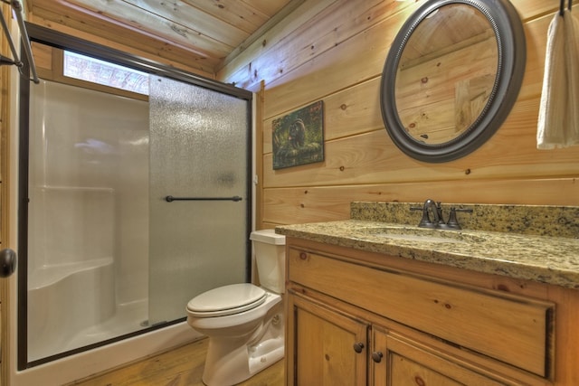 783 Moreland Dr N, Cherry Log, GA 30522 - bathroom featuring a shower with door, large vanity, wood ceiling, hardwood / wood-style flooring, and toilet