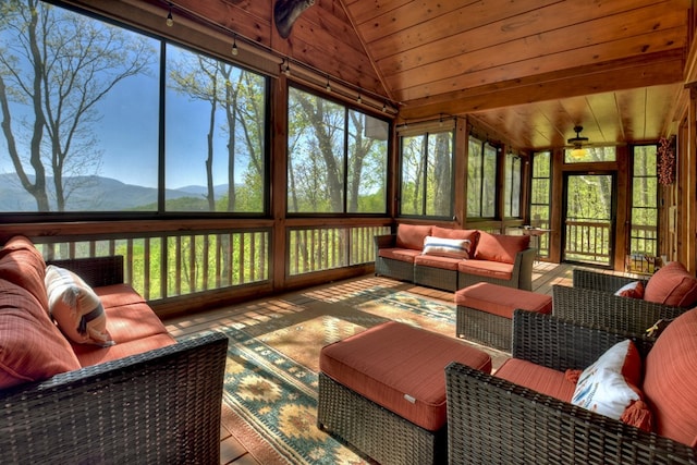 783 Moreland Dr N, Cherry Log, GA 30522 - sunroom / solarium with lofted ceiling, a mountain view, ceiling fan, and wood ceiling