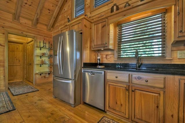 783 Moreland Dr N, Cherry Log, GA 30522 - kitchen featuring appliances with stainless steel finishes, vaulted ceiling with beams, sink, light wood-type flooring, and wooden ceiling