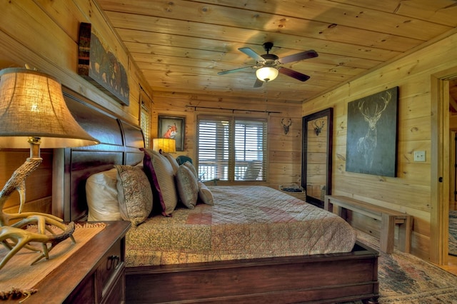 783 Moreland Dr N, Cherry Log, GA 30522 - bedroom with wooden ceiling, ceiling fan, and wooden walls