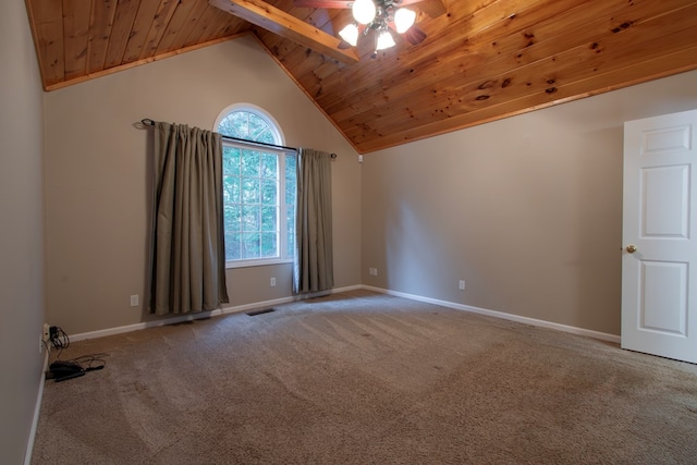 carpeted spare room featuring ceiling fan, wooden ceiling, and high vaulted ceiling