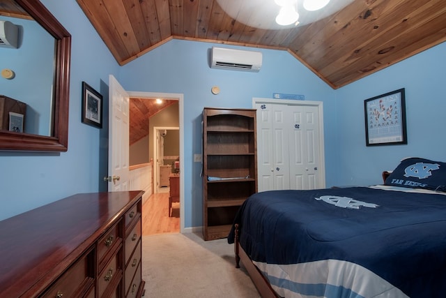 bedroom featuring a wall mounted AC, wooden ceiling, a closet, light colored carpet, and vaulted ceiling