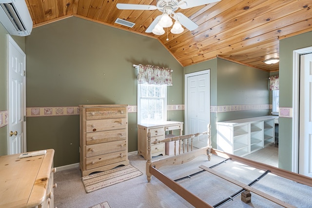 425 Tarheel Dr W, Murphy, NC 28906 - bedroom featuring a wall mounted AC, lofted ceiling, wooden ceiling, and carpet floors