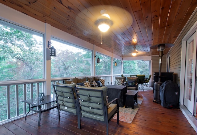 sunroom featuring wood ceiling