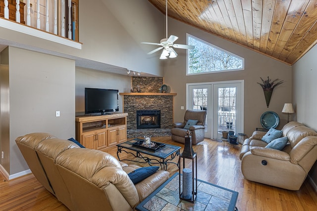 425 Tarheel Dr W, Murphy, NC 28906 - living room with light wood-style flooring, high vaulted ceiling, a ceiling fan, and wood ceiling