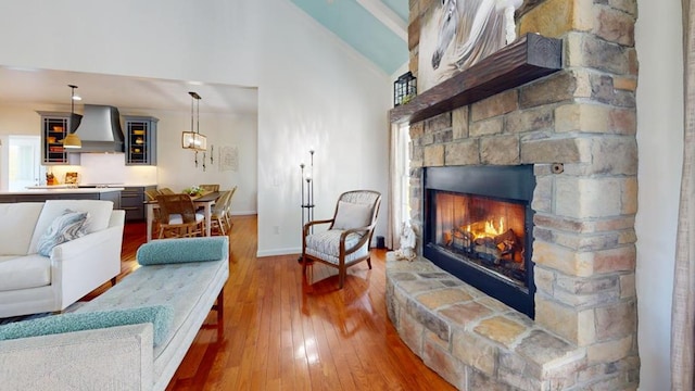 living room with high vaulted ceiling, hardwood / wood-style flooring, and a stone fireplace