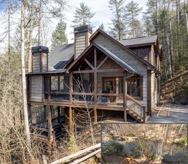 510 Gallery Ct, Ellijay, GA 30540 - back of house with a chimney, a shingled roof, stairway, and covered porch