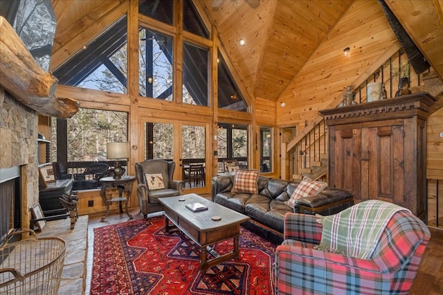 510 Gallery Ct, Ellijay, GA 30540 - living room featuring high vaulted ceiling, stairs, a fireplace, wooden ceiling, and wood walls