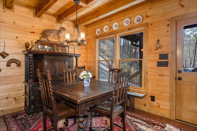 510 Gallery Ct, Ellijay, GA 30540 - dining room with a wood ceiling with exposed beams, wooden walls, a chandelier, and hardwood / wood-style floors