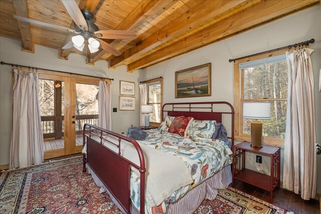 510 Gallery Ct, Ellijay, GA 30540 - bedroom featuring french doors, access to outside, a wooden ceiling with exposed beams, and wood-type flooring