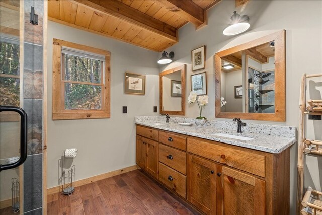 510 Gallery Ct, Ellijay, GA 30540 - bathroom featuring a wood ceiling with exposed beams, wood finished floors, and double vanity