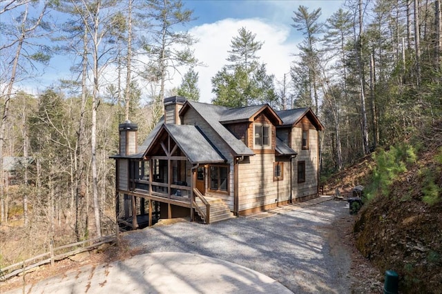 510 Gallery Ct, Ellijay, GA 30540 - chalet / cabin with a porch, a chimney, and a shingled roof