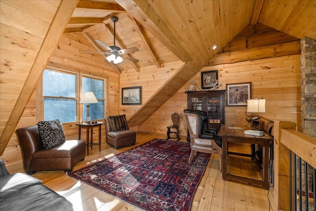 510 Gallery Ct, Ellijay, GA 30540 - office space featuring wooden walls, wood ceiling, wood-type flooring, and a ceiling fan