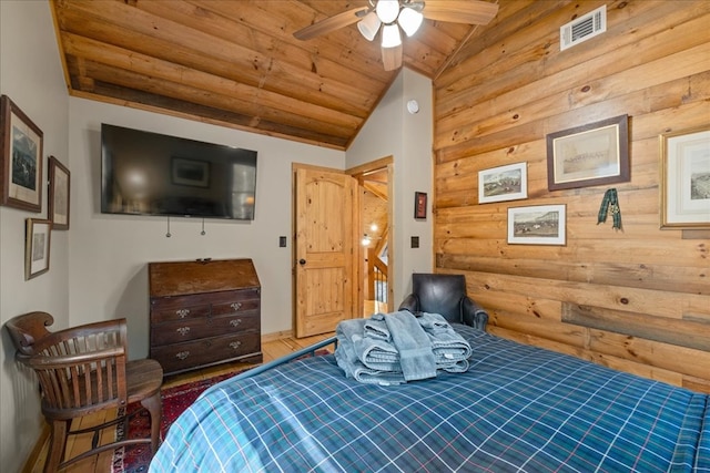 510 Gallery Ct, Ellijay, GA 30540 - bedroom featuring lofted ceiling, wooden ceiling, wood finished floors, rustic walls, and ceiling fan