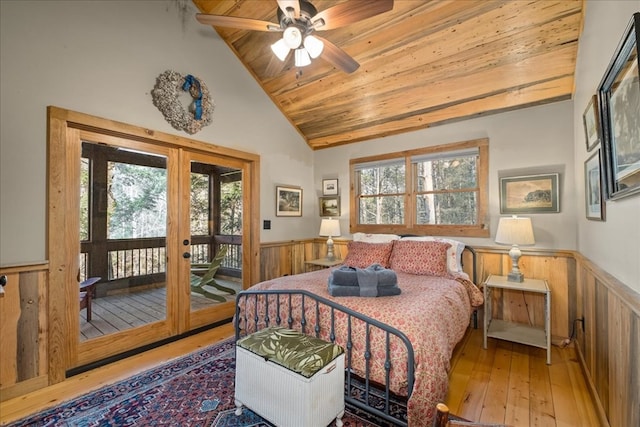 510 Gallery Ct, Ellijay, GA 30540 - bedroom featuring wainscoting, french doors, hardwood / wood-style floors, access to outside, and wooden ceiling