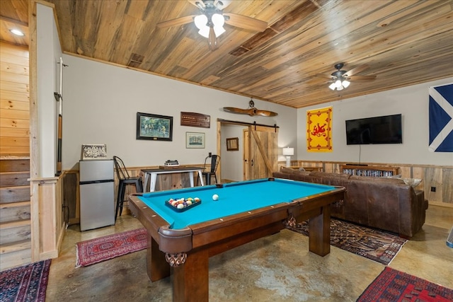 510 Gallery Ct, Ellijay, GA 30540 - rec room with finished concrete flooring, wood ceiling, a barn door, a ceiling fan, and billiards table