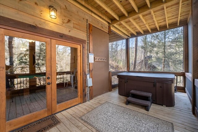 510 Gallery Ct, Ellijay, GA 30540 - sunroom with a jacuzzi, french doors, plenty of natural light, and beamed ceiling
