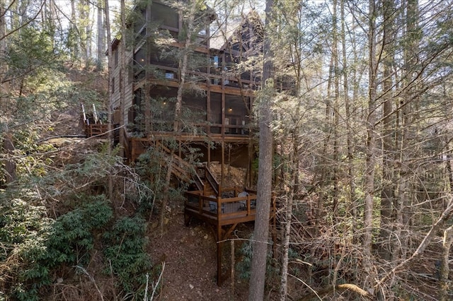 510 Gallery Ct, Ellijay, GA 30540 - view of outbuilding featuring a sunroom, stairway, and a forest view