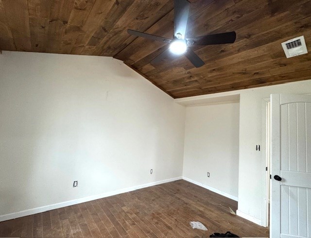 additional living space featuring ceiling fan, dark hardwood / wood-style flooring, wood ceiling, and lofted ceiling