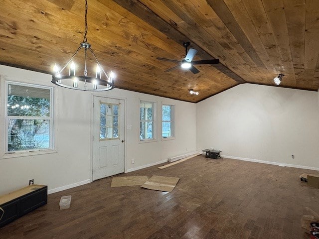 interior space with ceiling fan with notable chandelier, dark hardwood / wood-style floors, lofted ceiling, and wood ceiling