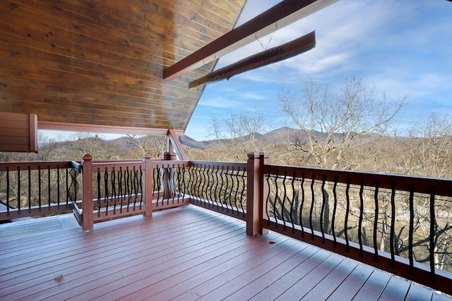 wooden deck with a mountain view