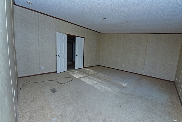 spare room featuring light colored carpet and a textured ceiling