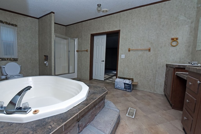 bathroom featuring vanity, crown molding, a textured ceiling, and independent shower and bath