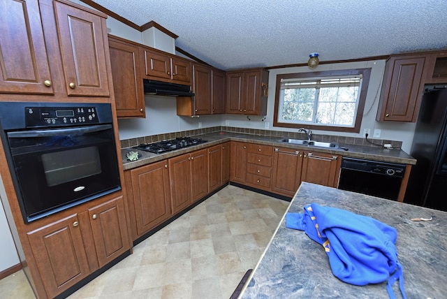 kitchen featuring ornamental molding, a textured ceiling, sink, black appliances, and lofted ceiling