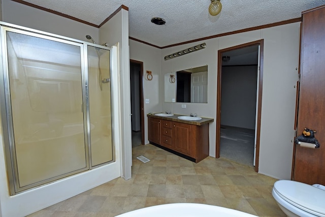 bathroom with a textured ceiling, walk in shower, and ornamental molding