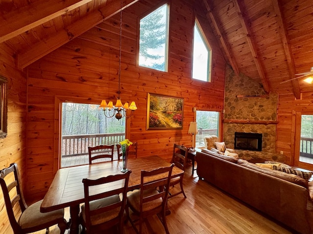 dining room featuring a notable chandelier, wooden walls, wood ceiling, and wood finished floors