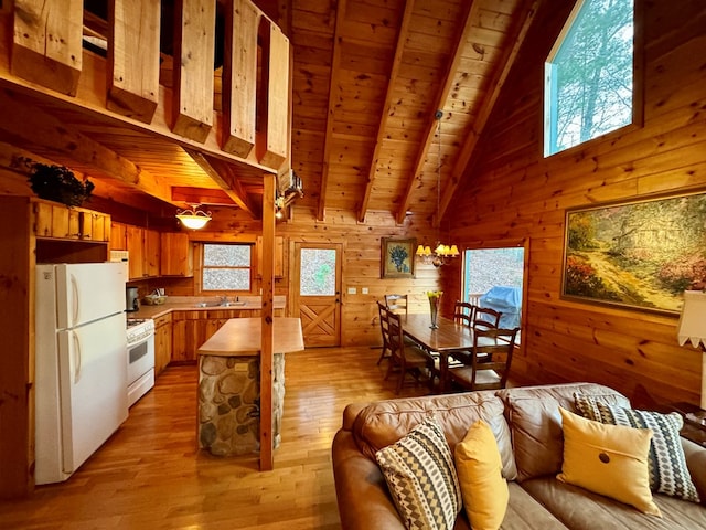 kitchen with wooden walls, beamed ceiling, a wealth of natural light, wooden ceiling, and white appliances