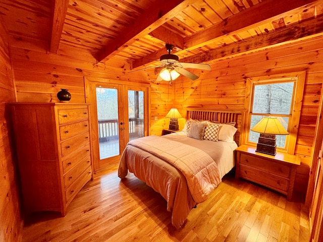 bedroom with access to exterior, light wood-style flooring, wooden ceiling, and multiple windows