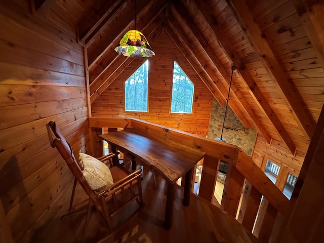 bonus room featuring a sauna, wood walls, wooden ceiling, and lofted ceiling with beams