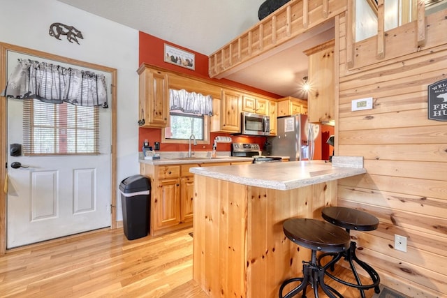 kitchen with a sink, stainless steel appliances, light countertops, and light brown cabinets