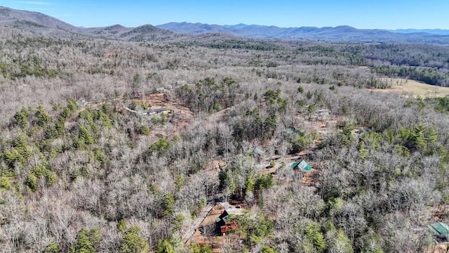 drone / aerial view featuring a mountain view and a view of trees